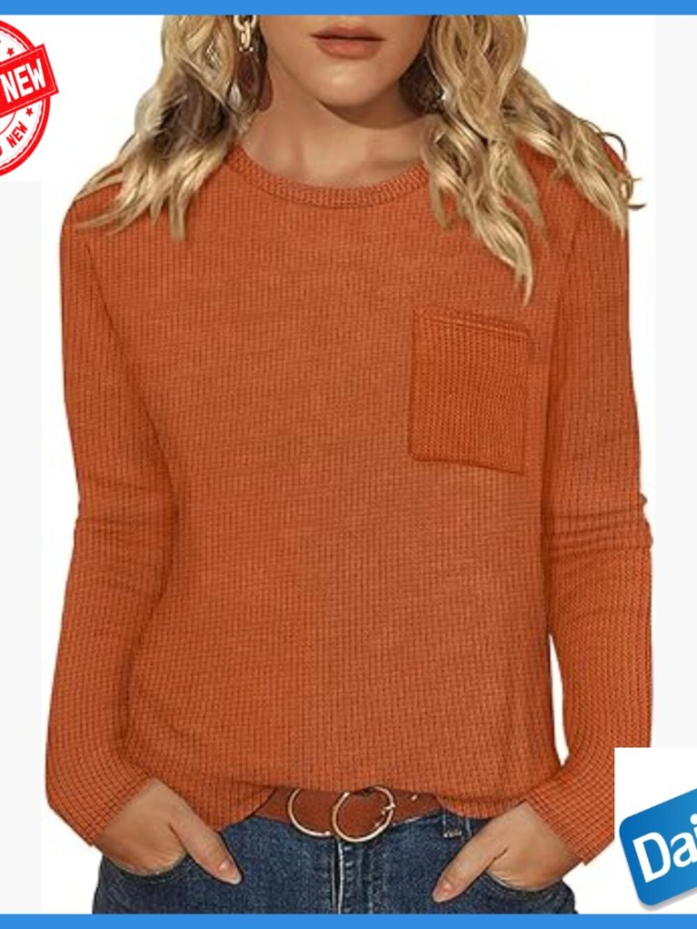 Long Sleeve Waffle Knit Blouse Regular Fit Polyester Blend Casual